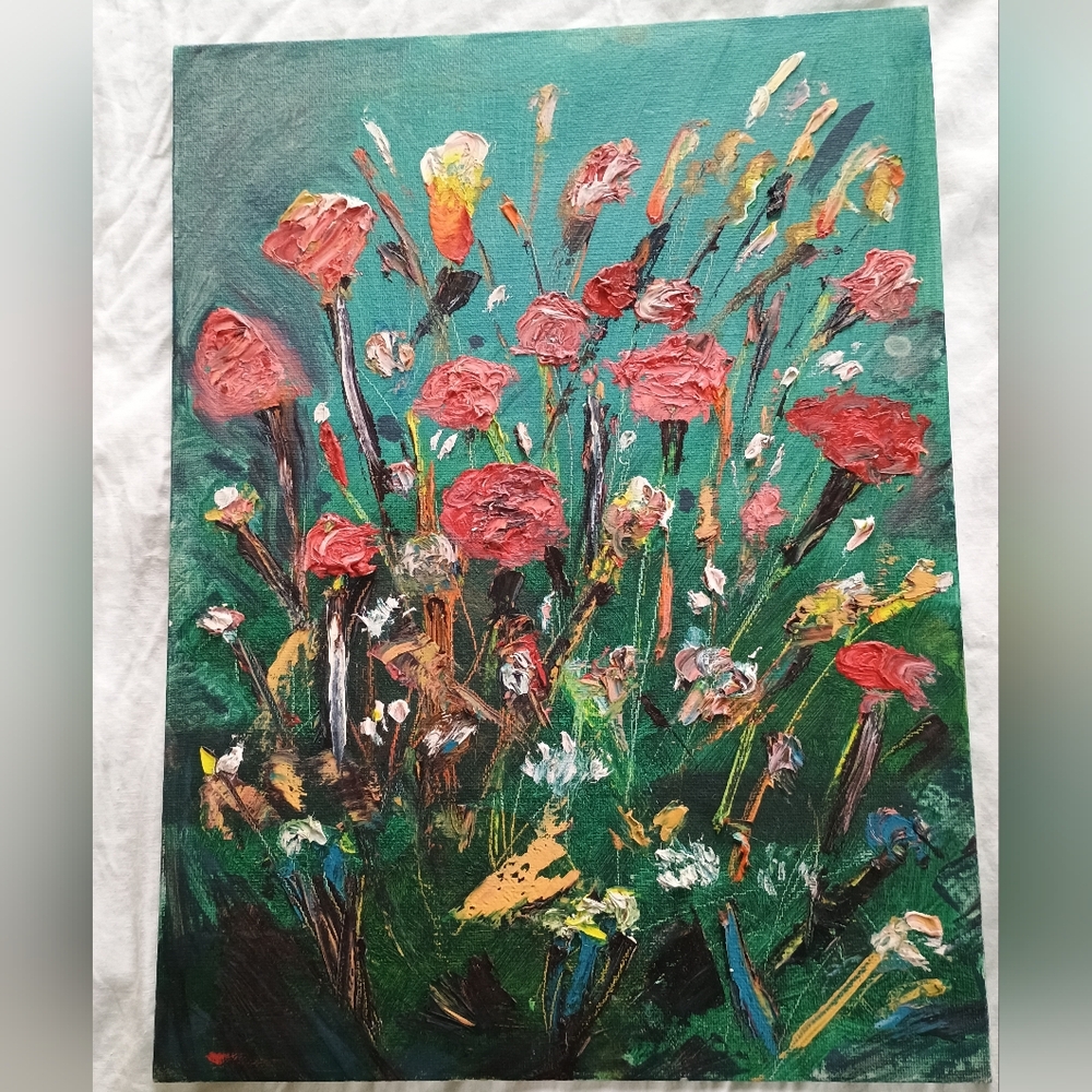 Unique Floral Abstract Impasto Expressive Oil Painting On Canvas, 12" x 16"